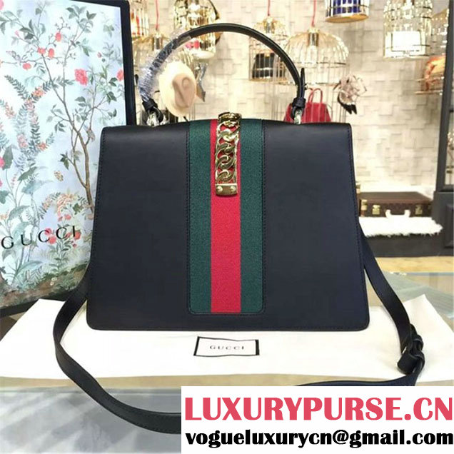 Gucci Sylvie Chain-Embellished Leather Large Shoulder Bag Calfskin Leather Fall Winter 2016 Collection Black