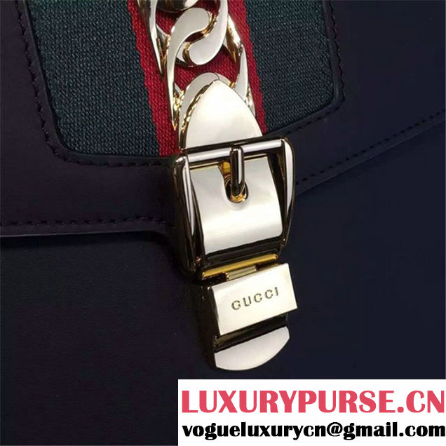 Gucci Sylvie Chain-Embellished Leather Large Shoulder Bag Calfskin Leather Fall Winter 2016 Collection Black