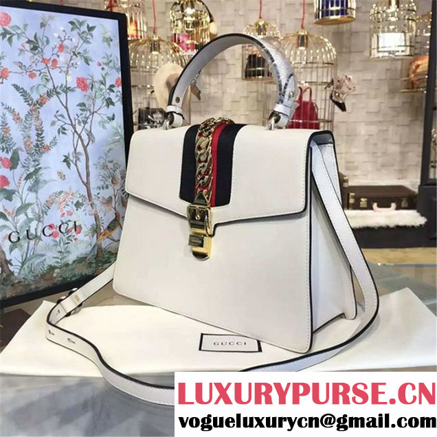 Gucci Sylvie Chain-Embellished Leather Large Shoulder Bag Calfskin Leather Fall Winter 2016 Collection White