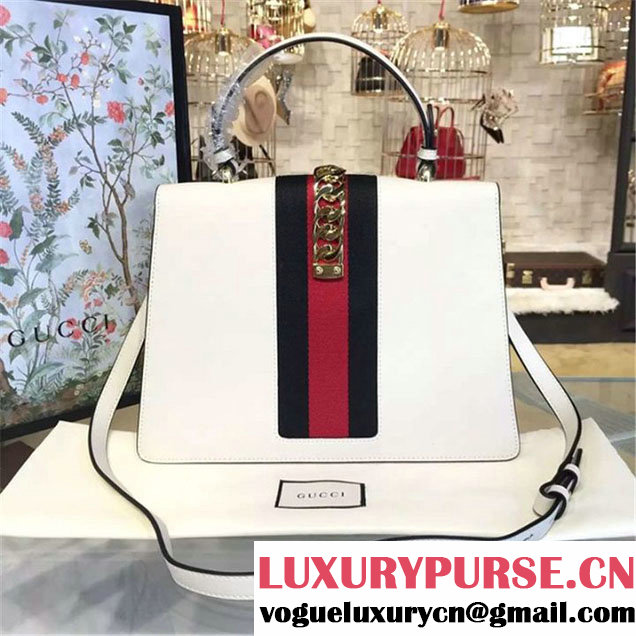 Gucci Sylvie Chain-Embellished Leather Large Shoulder Bag Calfskin Leather Fall Winter 2016 Collection White