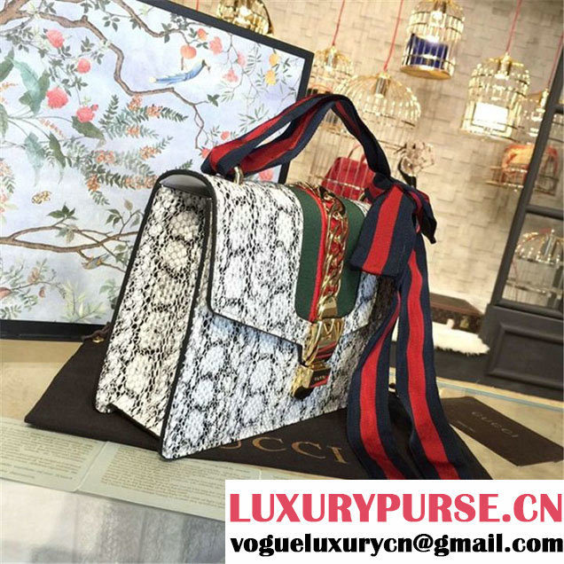 Gucci Sylvie Chain-Embellished Leather Medium Shoulder Bag Snakeskin Leather Fall Winter 2016 Collection Natural