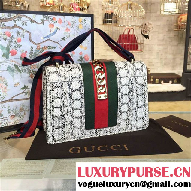 Gucci Sylvie Chain-Embellished Leather Medium Shoulder Bag Snakeskin Leather Fall Winter 2016 Collection Natural