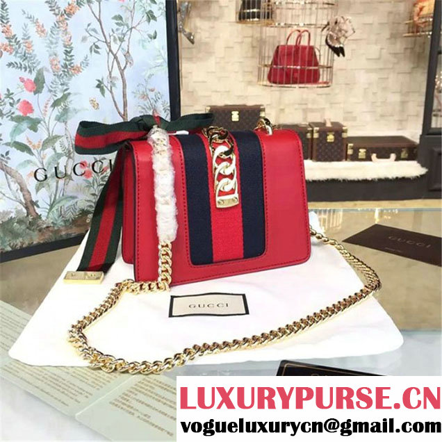 Gucci Sylvie Chain-Embellished Leather Mini Shoulder Bag Calfskin Leather Fall Winter 2016 Collection Red