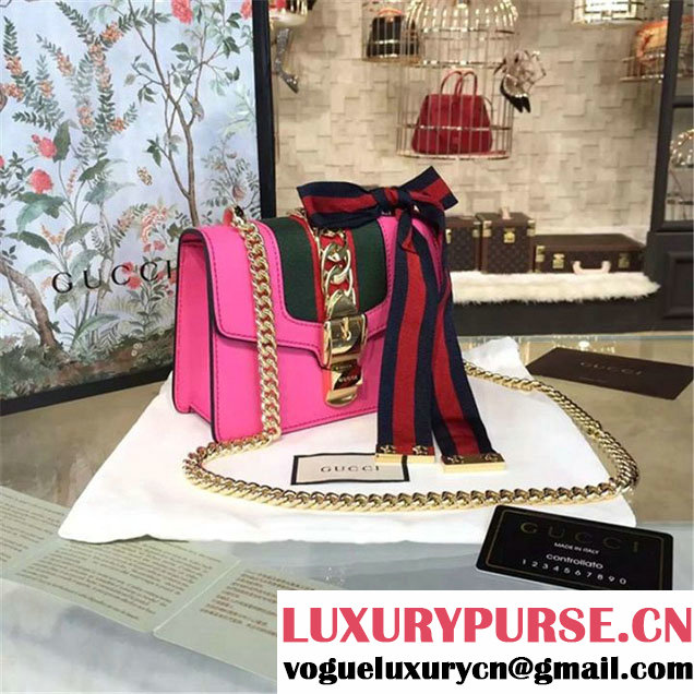 Gucci Sylvie Chain-Embellished Leather Mini Shoulder Bag Calfskin Leather Fall Winter 2016 Collection Pink