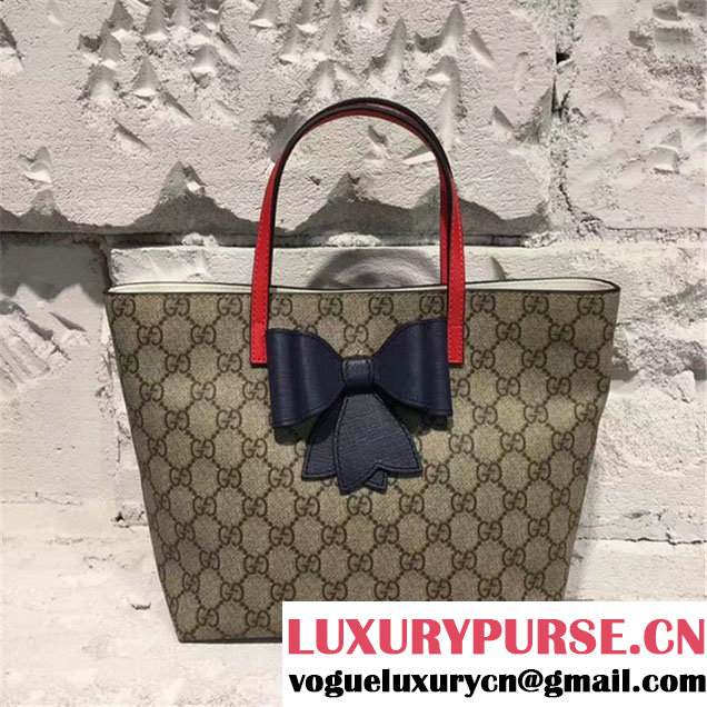 Gucci Girls Bow GG Supreme Canvas Mini Tote Bag Fall Winter 2017 Collection Beige Navy