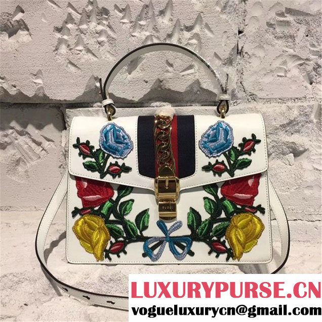 Gucci Sylvie Floral Embroidered Top Handle Bag Calfskin Leather Resort 2017 Collection Multi White