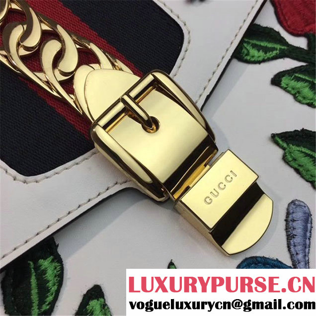 Gucci Sylvie Floral Embroidered Top Handle Bag Calfskin Leather Resort 2017 Collection Multi White