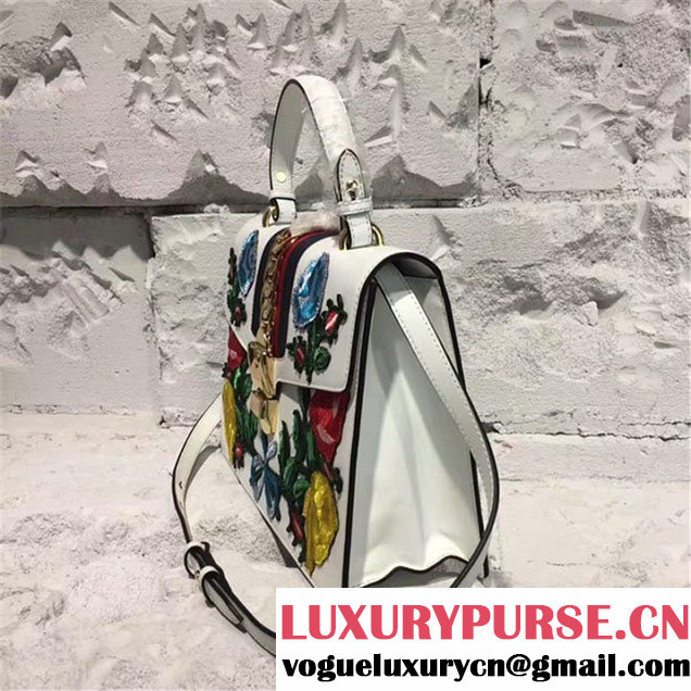 Gucci Sylvie Floral Embroidered Top Handle Bag Calfskin Leather Resort 2017 Collection Multi White