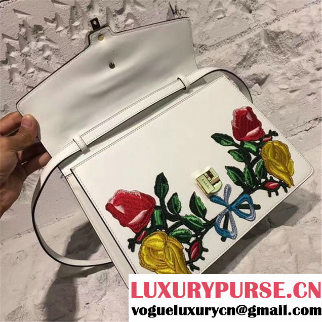 Gucci Sylvie Floral Embroidered Top Handle Bag Calfskin Leather Resort 2017 Collection Multi White