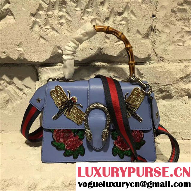 Gucci Dionysus Bamboo Top Handle Bag with Dragonfly and Roses Appliqués Embroideries 28cm Spring Summer 2017 Collection Purple