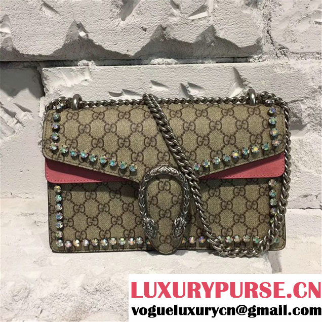 Gucci Dionysus GG Supreme Crystal-Embellished Chain Shoulder 28cm Bag Spring Summer 2017 Collection Pink