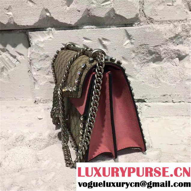Gucci Dionysus GG Supreme Crystal-Embellished Chain Shoulder 28cm Bag Spring Summer 2017 Collection Pink