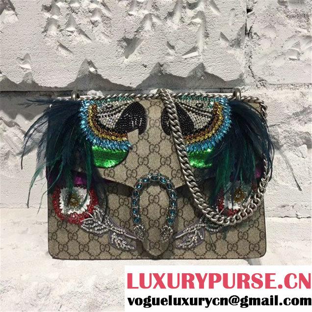 Gucci Dionysus GG Supreme Shoulder Bag with Parrot Crystal and Sequin Embroideries and Emu Feathers 30cm Spring Summer 2017 Collection Purple