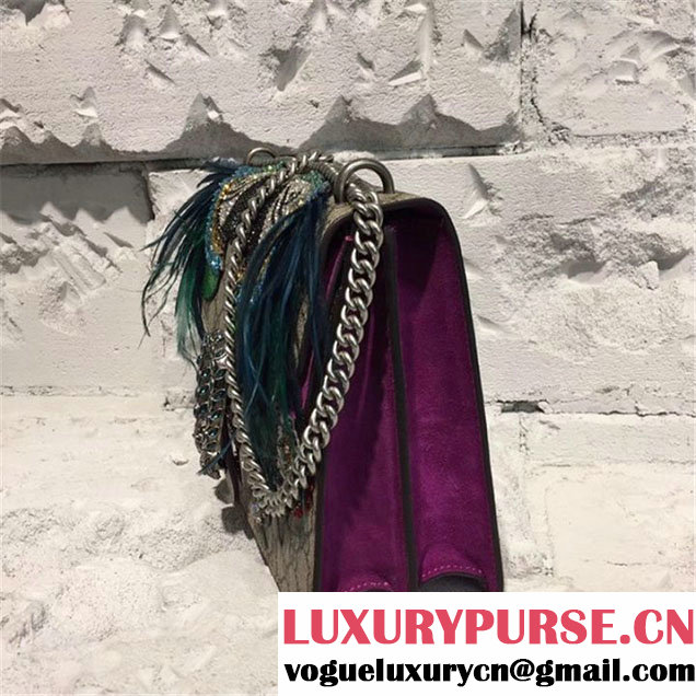 Gucci Dionysus GG Supreme Shoulder Bag with Parrot Crystal and Sequin Embroideries and Emu Feathers 30cm Spring Summer 2017 Collection Purple