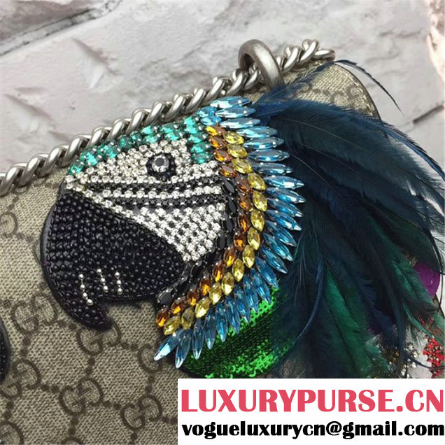 Gucci Dionysus GG Supreme Shoulder Bag with Parrot Crystal and Sequin Embroideries and Emu Feathers 30cm Spring Summer 2017 Collection Purple
