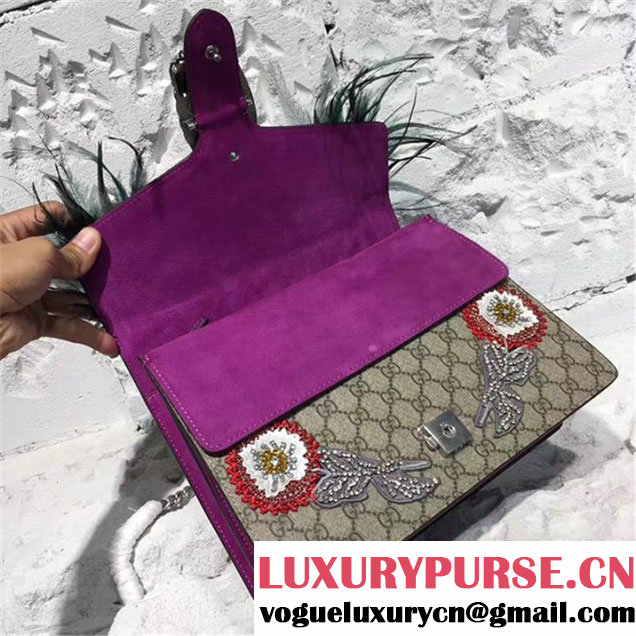 Gucci Dionysus GG Supreme Shoulder Bag with Parrot Crystal and Sequin Embroideries and Emu Feathers 30cm Spring Summer 2017 Collection Purple