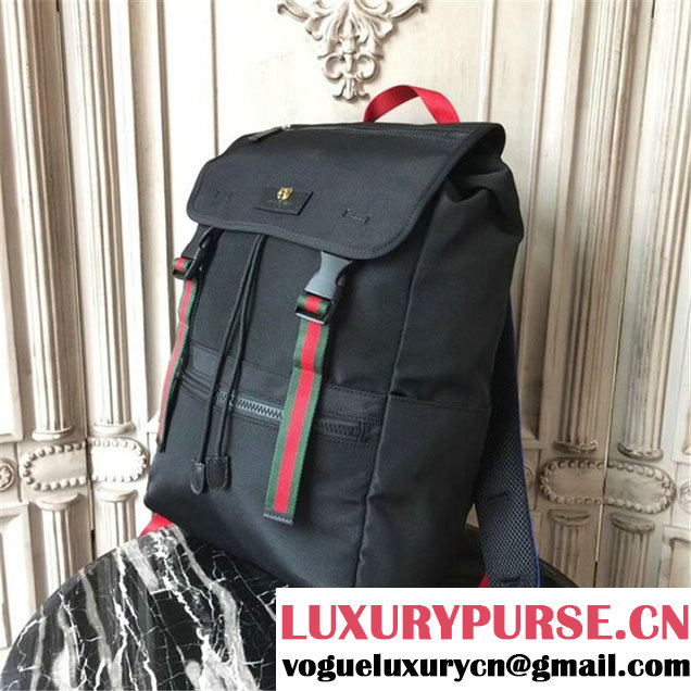 Gucci Technical Canvas Backpack Bag 28cm Spring Summer 2017 Collection Black with Blue and Red