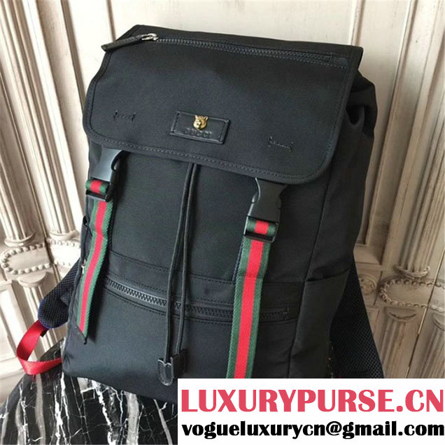 Gucci Technical Canvas Backpack Bag 28cm Spring Summer 2017 Collection Black with Blue and Red