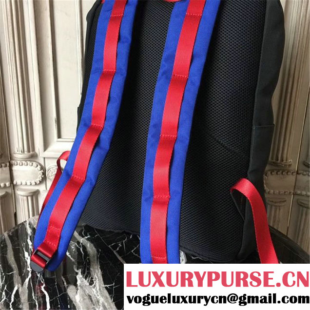 Gucci Technical Canvas Backpack Bag 28cm Spring Summer 2017 Collection Black with Blue and Red