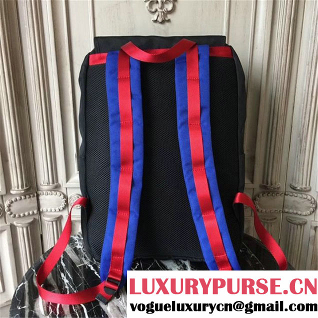 Gucci Technical Canvas Backpack Bag 28cm Spring Summer 2017 Collection Black with Blue and Red