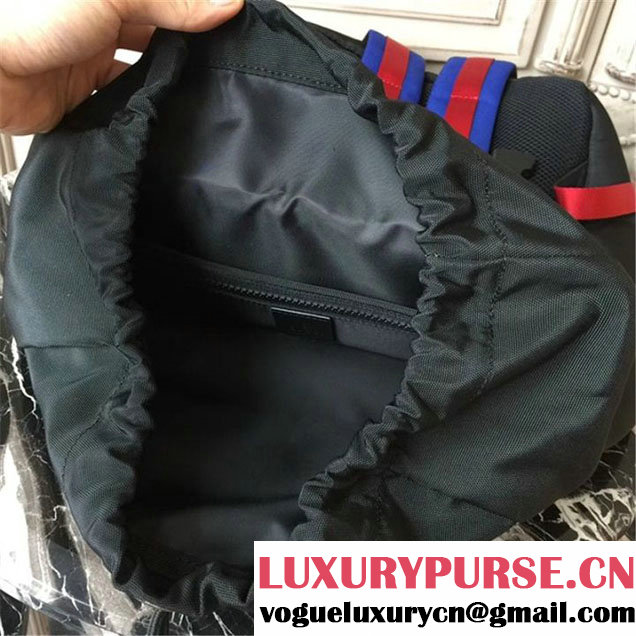 Gucci Technical Canvas Backpack Bag 28cm Spring Summer 2017 Collection Black with Blue and Red