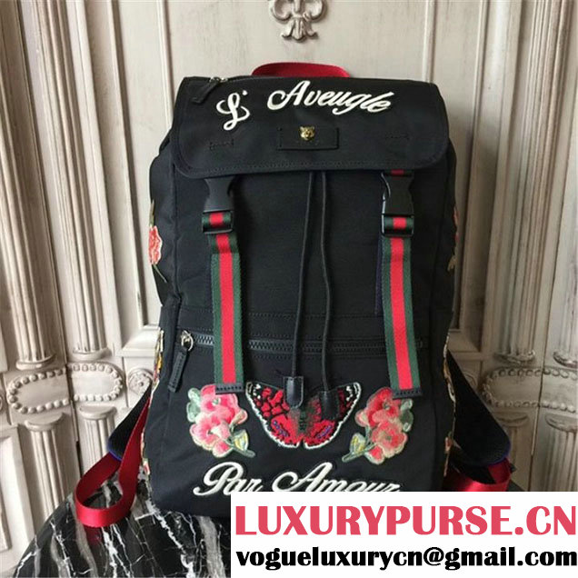 Gucci L'Aveugle Par Amour Techno Backpack with Tiger and Flowers Bag Technical Canvas 28cm Spring Summer 2017 Collection Black