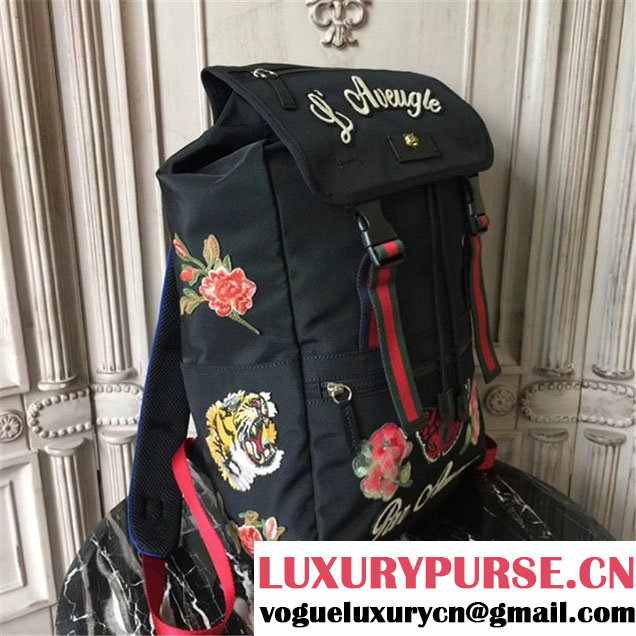 Gucci L'Aveugle Par Amour Techno Backpack with Tiger and Flowers Bag Technical Canvas 28cm Spring Summer 2017 Collection Black