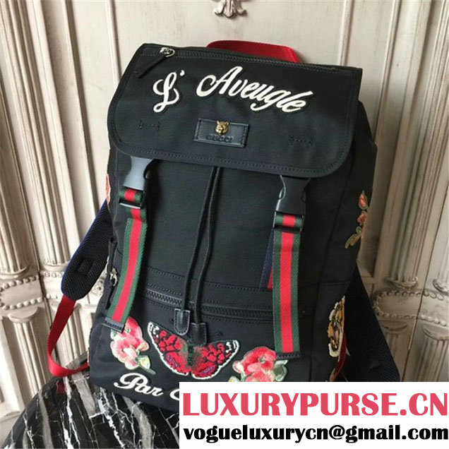 Gucci L'Aveugle Par Amour Techno Backpack with Tiger and Flowers Bag Technical Canvas 28cm Spring Summer 2017 Collection Black