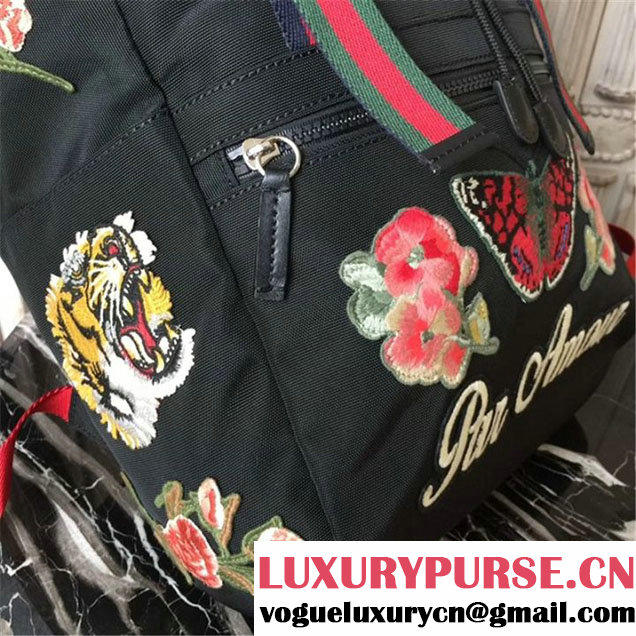 Gucci L'Aveugle Par Amour Techno Backpack with Tiger and Flowers Bag Technical Canvas 28cm Spring Summer 2017 Collection Black