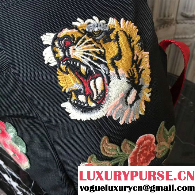 Gucci L'Aveugle Par Amour Techno Backpack with Tiger and Flowers Bag Technical Canvas 28cm Spring Summer 2017 Collection Black