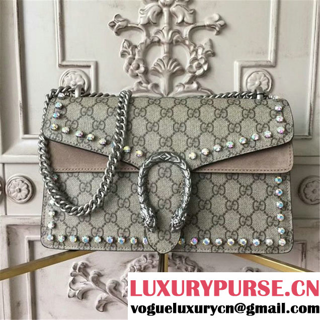 Gucci Dionysus GG Supreme Crystal-Embellished Chain Shoulder 28cm Bag Spring Summer 2017 Collection Beige