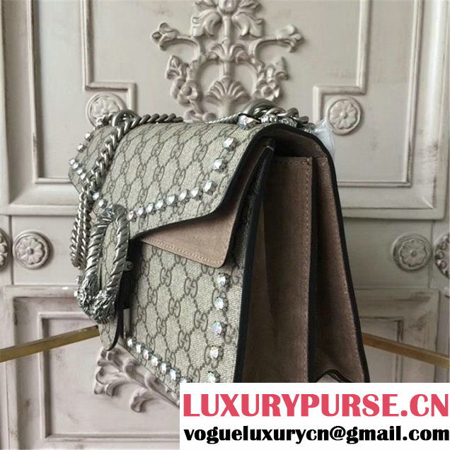 Gucci Dionysus GG Supreme Crystal-Embellished Chain Shoulder 28cm Bag Spring Summer 2017 Collection Beige