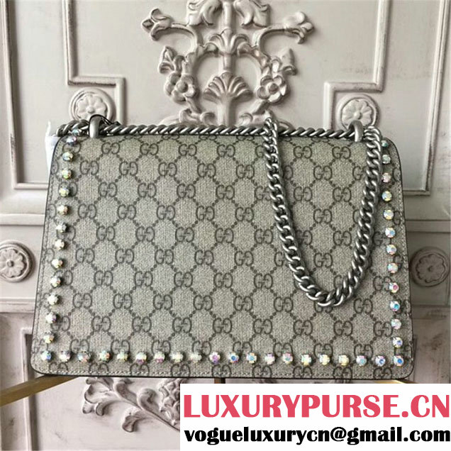 Gucci Dionysus GG Supreme Crystal-Embellished Chain Shoulder 28cm Bag Spring Summer 2017 Collection Beige