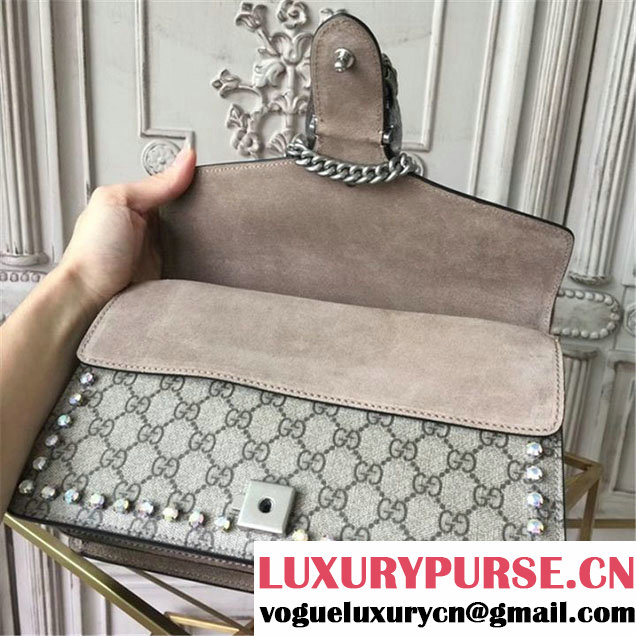 Gucci Dionysus GG Supreme Crystal-Embellished Chain Shoulder 28cm Bag Spring Summer 2017 Collection Beige