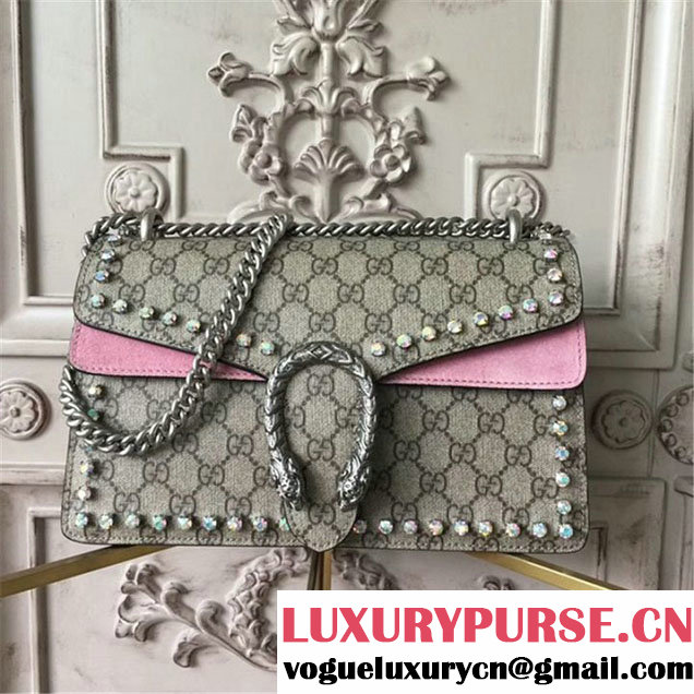 Gucci Dionysus GG Supreme Crystal-Embellished Chain Shoulder 28cm Bag Spring Summer 2017 Collection Light Pink