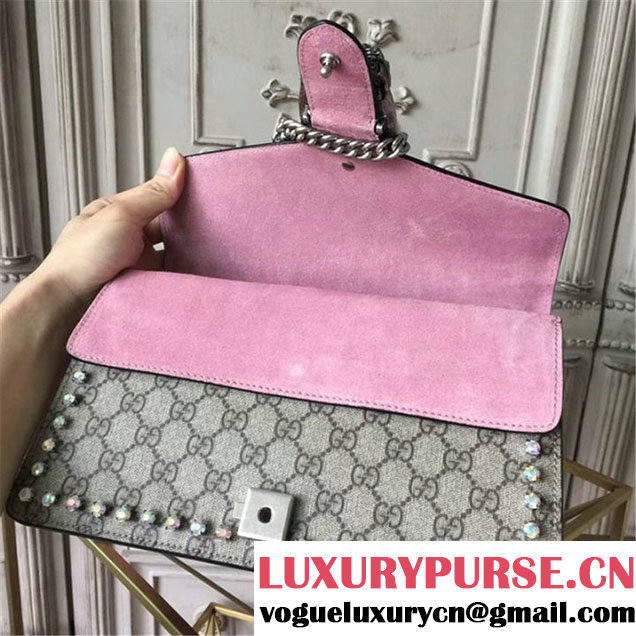 Gucci Dionysus GG Supreme Crystal-Embellished Chain Shoulder 28cm Bag Spring Summer 2017 Collection Light Pink