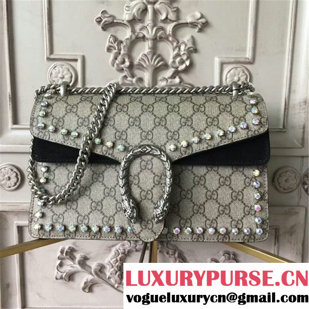 Gucci Dionysus GG Supreme Crystal-Embellished Chain Shoulder 28cm Bag Spring Summer 2017 Collection Black