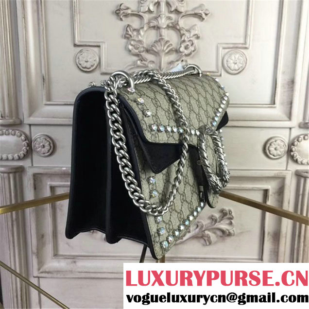 Gucci Dionysus GG Supreme Crystal-Embellished Chain Shoulder 28cm Bag Spring Summer 2017 Collection Black