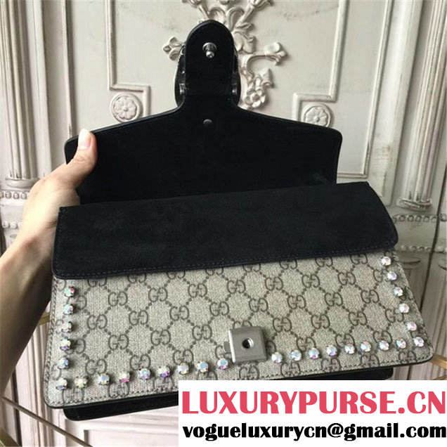 Gucci Dionysus GG Supreme Crystal-Embellished Chain Shoulder 28cm Bag Spring Summer 2017 Collection Black