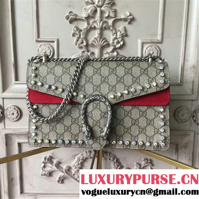 Gucci Dionysus GG Supreme Crystal-Embellished Chain Shoulder 28cm Bag Spring Summer 2017 Collection Red