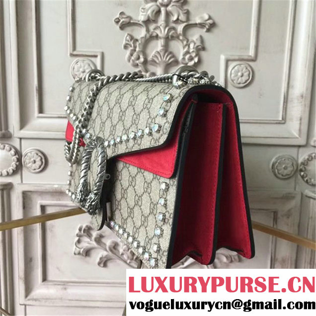 Gucci Dionysus GG Supreme Crystal-Embellished Chain Shoulder 28cm Bag Spring Summer 2017 Collection Red