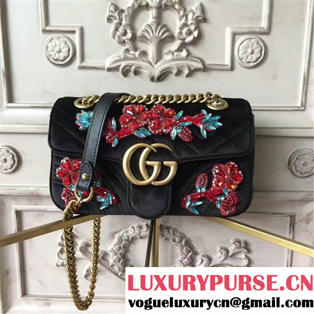 Gucci Crystal Flower Embroidered Velvet GG Marmont 23cm Shoulder Bag Pre-Fall 2017 Collection Black