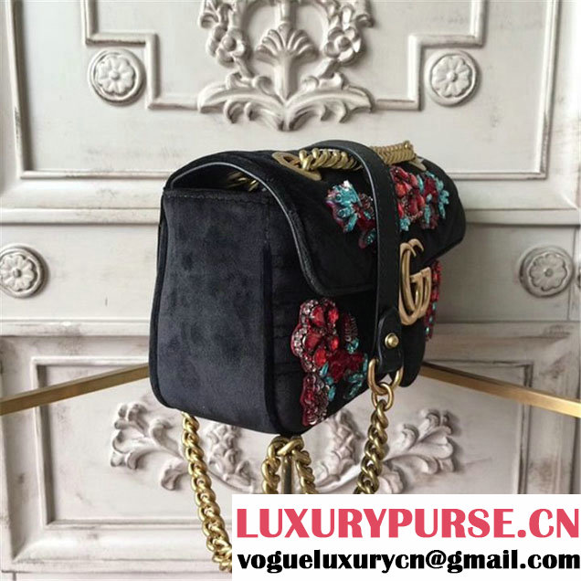 Gucci Crystal Flower Embroidered Velvet GG Marmont 23cm Shoulder Bag Pre-Fall 2017 Collection Black