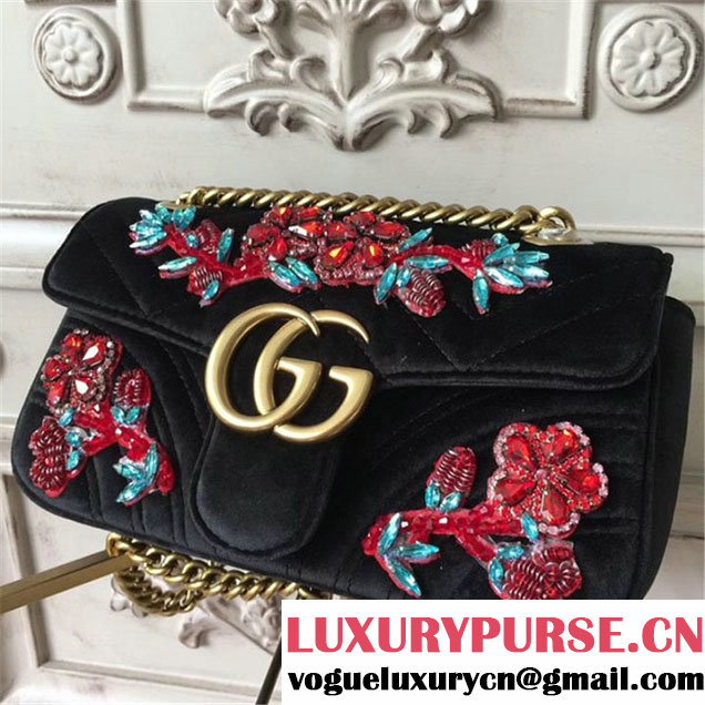 Gucci Crystal Flower Embroidered Velvet GG Marmont 23cm Shoulder Bag Pre-Fall 2017 Collection Black