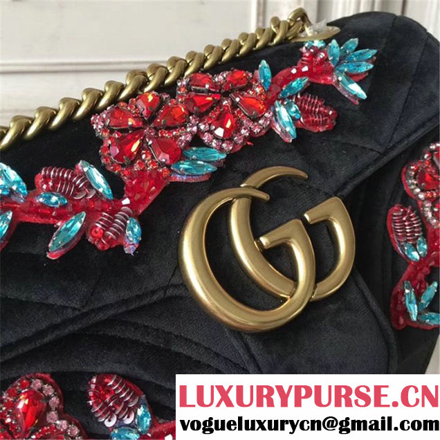Gucci Crystal Flower Embroidered Velvet GG Marmont 23cm Shoulder Bag Pre-Fall 2017 Collection Black