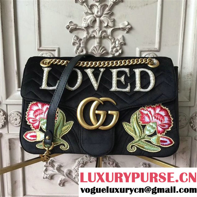Gucci Loved Floral Embroidered Velvet GG Marmont 32cm Shoulder Bag Pre-Fall 2017 Collection Black