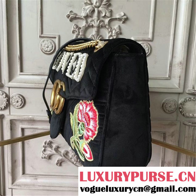 Gucci Loved Floral Embroidered Velvet GG Marmont 32cm Shoulder Bag Pre-Fall 2017 Collection Black