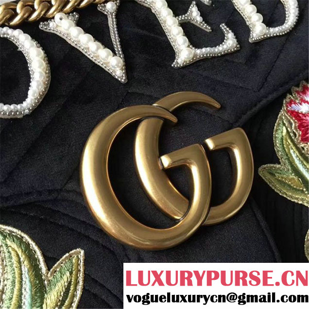 Gucci Loved Floral Embroidered Velvet GG Marmont 32cm Shoulder Bag Pre-Fall 2017 Collection Black