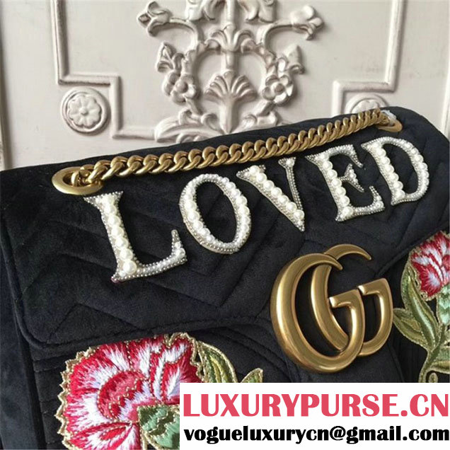 Gucci Loved Floral Embroidered Velvet GG Marmont 32cm Shoulder Bag Pre-Fall 2017 Collection Black
