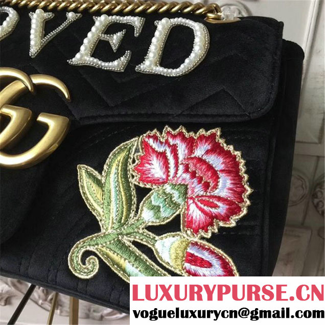Gucci Loved Floral Embroidered Velvet GG Marmont 32cm Shoulder Bag Pre-Fall 2017 Collection Black
